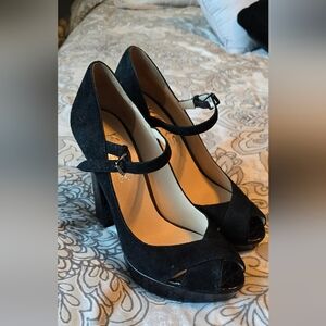 Michael Kors Black Suede Mary Jane Peep-Toe Block Heels 8M